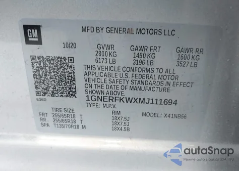 2021 Chevrolet Traverse Fwd Ls из США, поврежденный, VIN 1GNERFKWXMJ111694